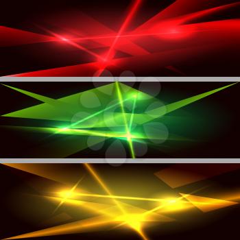 Set of various color laser beams on dark background. Vector illustration.
