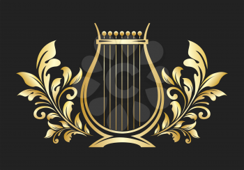 Lyre or cither Golden Emblem. Music logo or icon. Vector illustration.