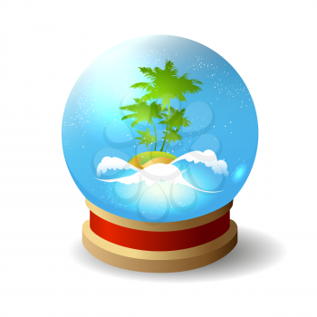 Tropical island in the ocean with palm trees inside a crystal ball. Vector illustration.