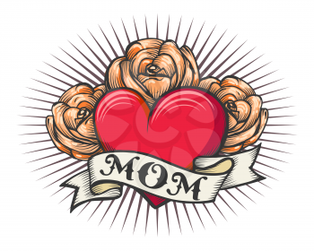 Retro tattoo of Heart with rose flowers and ribbon with wording MOM. Retro tattooector illustration