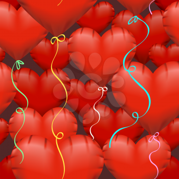 Seamless pattern with Red Heart Shaped Helium Balloons in realistic style. Vector illustration.