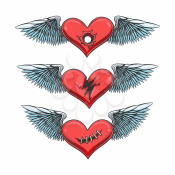 Winged Hearts Tattoo Set. love hurts concept. Torn, shot and stitched heart. Vector illustration.