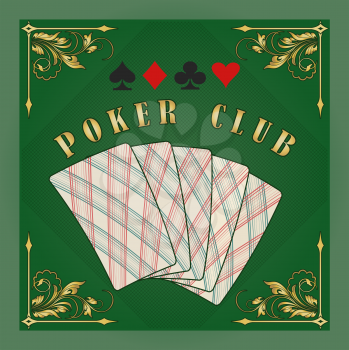 Poker club emblem in retr style. Plaing cards in green background. vector illustration.