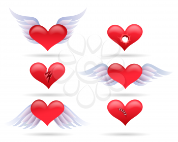 Set of red cartoon hearts. Winged and broken heart collection. Vector illustration.