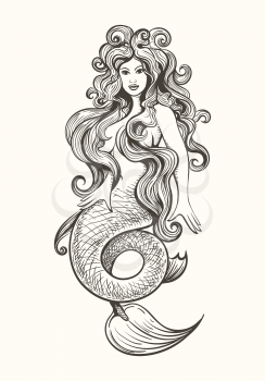 Beauty long haired siren mermaid in vintage tattoo style. Vector illustration.