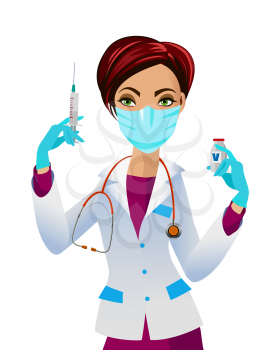 Female Physician with Syringe in her hand. Antiviral Vaccination vector illustration.