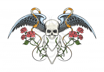 Colorful Tattoo of Human skull, snakes and rose branches. vector illustration. 