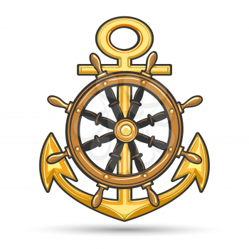 Nautical emblem with anchor and steering wheel. Shirt design, marine label or poster template. Vector illustration.