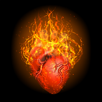 Burning Heart on black background. Vector illustration.