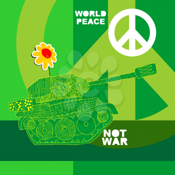 No war Postcard, poster. hippie background. world peace. Cartoon tank