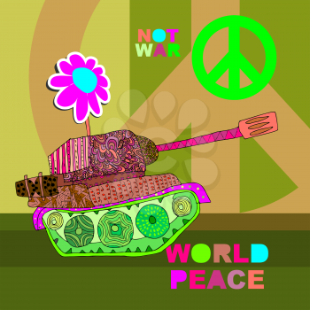 No war Postcard, poster. hippie background. world peace. Cartoon tank