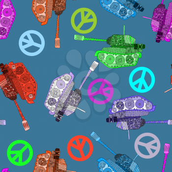 No war. Tank seamless pattern. hippie background. world peace