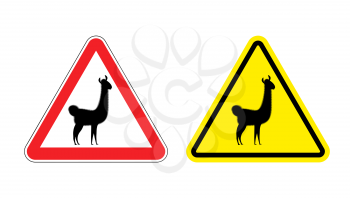 Warning sign attention Lama. Hazard yellow sign wild animal. Alpaca llama on a red triangle. Set  Road signs
