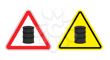 Warning sign of attention barrel of oil. Yellow danger radioactive wastes. Silhouette metallic barrels on red triangle. Set  Road signs.
