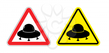 Warning sign of a UFO. Hazard yellow sign flying saucer. Silhouette space ship on  red triangle. Set Road signs.