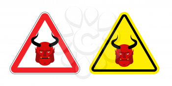 Warning sign attention to Satan. Hazard yellow sign of devil. Head of demon with horns the red triangle. Set  Road signs.