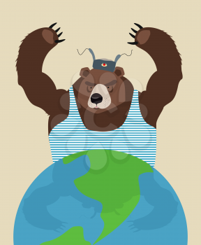 Russian bear threatens peace. The globe. Traditional Russian clothing. Vector illustration