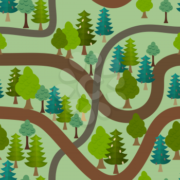 Seamless forest pattern. Cartoon trails and trees background
