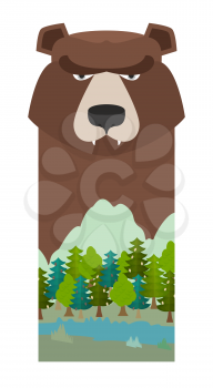 bear. Head grizzly bear. Template for reserve and Forest Park. Landscape: mountain, River, forest, sky