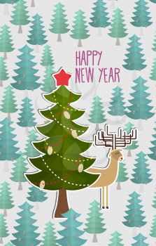 Christmas tree in forest and Deer. Greeting card for Christmas and new year. Vector illustrator