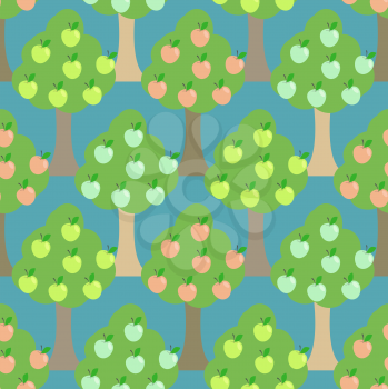 Apple tree seamless pattern. Orchard background. Fall season previews with fruit trees at harvest time. Seamless vector pattern.