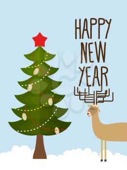 Christmas tree and deer. Holiday card for Christmas and new year. happy new year. Vector illustration