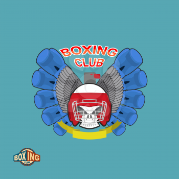 Boxing labels. Skull in a boxing helmet with gloves. Vector illustration