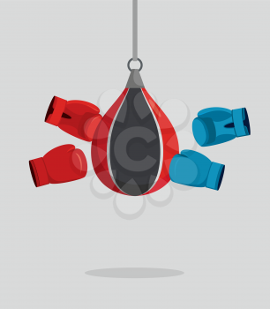 Punch bag and gloves. Equipment for boxing. Exercise beats. Vector illustration