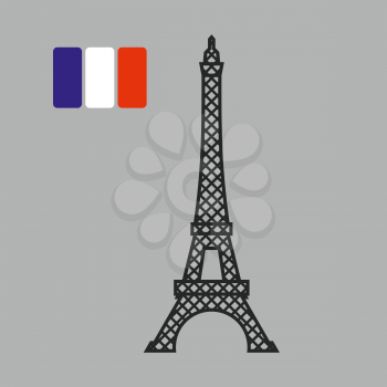Eiffel Tower. Attraction of Paris. Vector illustration. Fflag of France on gray background.
