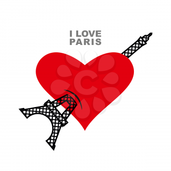 I love Paris. Red heart symbol of love and  Eiffel Tower. Tower pierces  heart. Vector illustration
