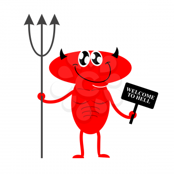 Welcome to hell. Cute Red Devil holding a sign and Trident. Devil invites you to hell. Vector illustration.
