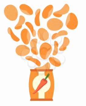 Potato chips taste like carrots. Packaging, bag of chips on a white background. Chips flying out from Pack. Delicacy for vegetarians. Food vector illustration.
