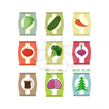 Set  packs chips. Packaging unusual flavour: coffee and brain, cucumbe and broccoli. Chips especially for zombies. Chips for new year Christmas tree with taste. Food vector illustration.
