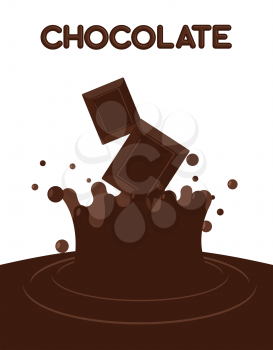 Pieces of chocolate fall into liquid hot chocolate. Splashes of chocolate. Vector illustration.
