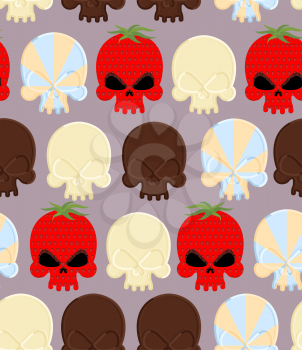Sweet candy skulls seamless pattern. Head skeleton made of chocolate and strawberry. Background for Halloween
