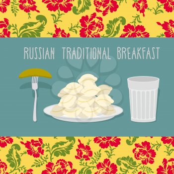 Russian traditional breakfast: dumplings and pickle. Russian flower ornament. Vector illustration
