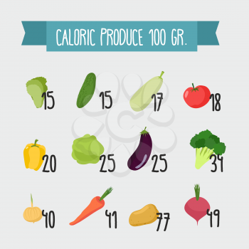 Calories in foods. Variety of vegetables from  garden, together with an indication of numbers of values. Useful and healthy food for vegetarians. Vector illustration.

