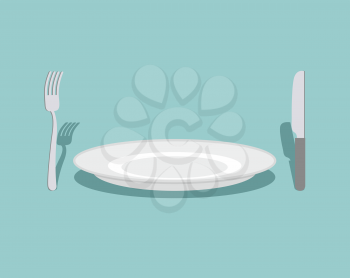 Cutlery: knife and fork, plate. On a green background. Rule table. Vector illustration
