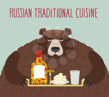 Russian national cuisine. Bear with a tray of traditional meal: vodka, dumplings and cucumber.