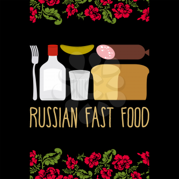 Russian traditional fast food. Vodka and sausage. Folk floral pattern.
