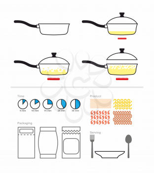 Cooking instruction with a frying pan. FRY on griddle. Set for manual cooking. Boiling oil. Includes products for cooking: pasta, shrimp. And packaging and cutlery. Vector illustration