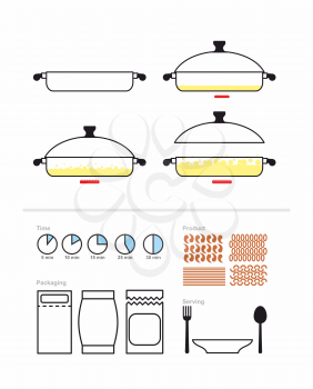 Cooking instruction in roasting pan. Set to manual on preparation. Includes packaging and products: pasta and shrimp, rice and rigatony. Infographics Instructions cooking meal. Vector illustration
