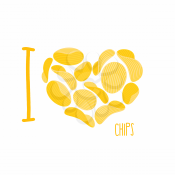 I love chips. Symbol heart of potato chips. Frying potatoes. Vector illustration