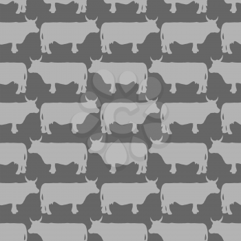 Grey cows graze seamless pattern. Vector background of livestock. Grey animals on a black background.
