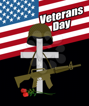 Day of remembrance for war veterans. Veterans Day. Cross with  soldiers helmet and  machine gun. Fallen soldiers grave with flowers. Day of mourning and memory. National holiday in America.
