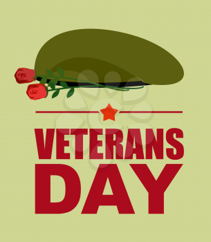 Soldiers green beret and flowers. Veterans Day. Vector illustration of patriotic national holiday USA

