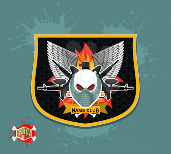skull in paintball  mask, paintball guns. Wings, arms and flame. Emblem  paintball club