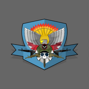 Special forces emblem. Military logo embroidery. Skull helmet with machine guns. Shield with wings. Emblem for troops