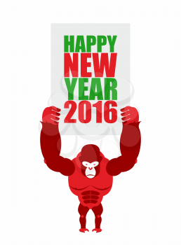 Monkey holds a plate of Happy new year 2016. Big Red Gorilla - symbol of  new year on Chinese calendar. Vector illustration of an animal.