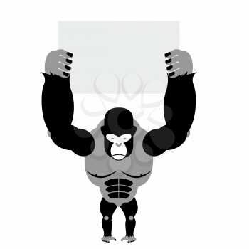 Gorilla and banner. Big strong scary monkey. Space for text. Vector illustration of African animal.
